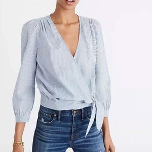 NWT Madewell Albury Blouse Indigo Blue White Stripe V neck Wrap Puff Top XXS